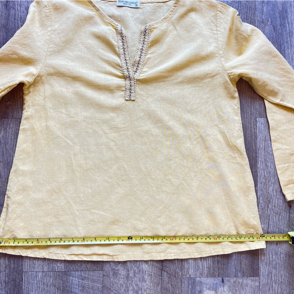 Terzo Millennio Linen Top Yellow High Low Roll Tab Sleeves Shirt Tunic Sz M - Picture 9 of 16
